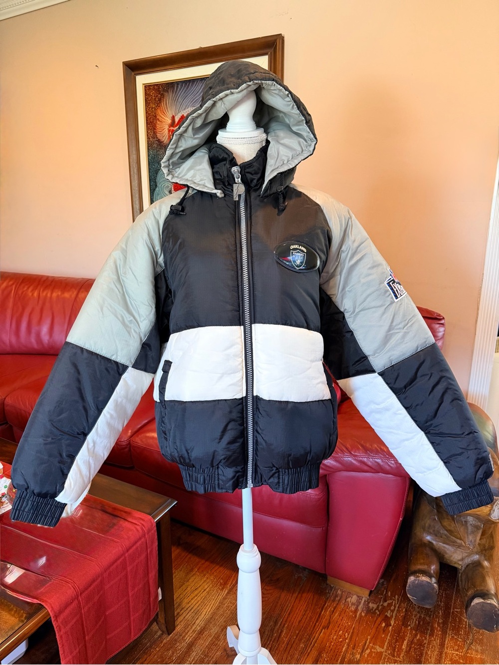 Pro Player Oakland Raiders Black, Gray & White Colorblock Hooded Puffer Jacket